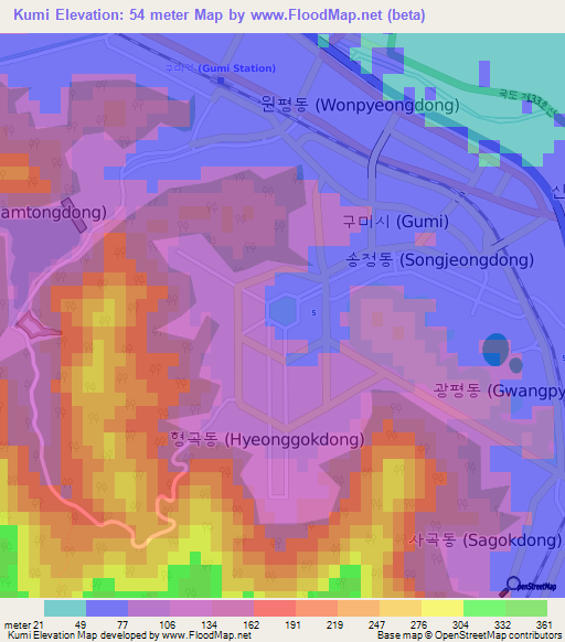 Kumi,South Korea Elevation Map