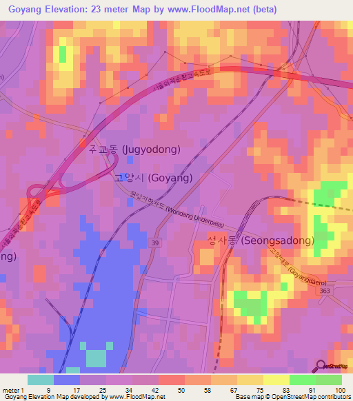 Goyang,South Korea Elevation Map