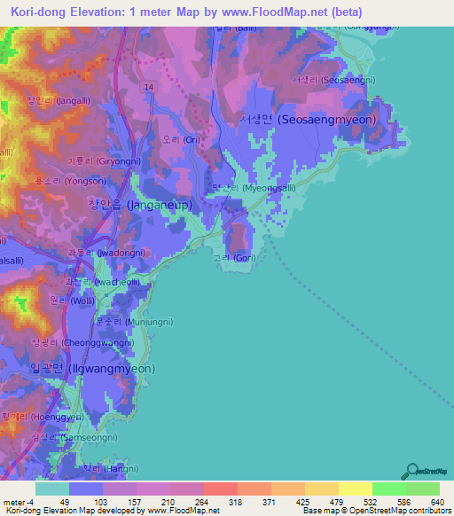 Kori-dong,South Korea Elevation Map