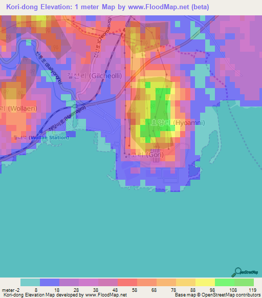 Kori-dong,South Korea Elevation Map