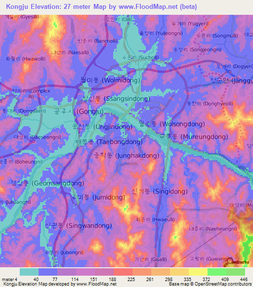 Kongju,South Korea Elevation Map