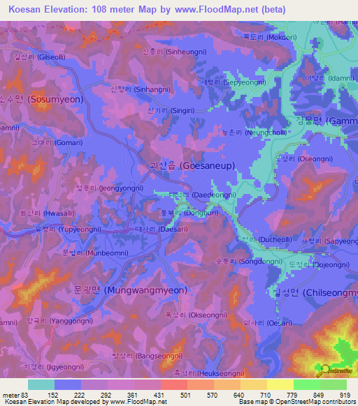 Koesan,South Korea Elevation Map