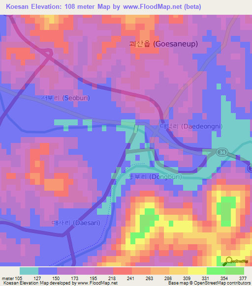 Koesan,South Korea Elevation Map