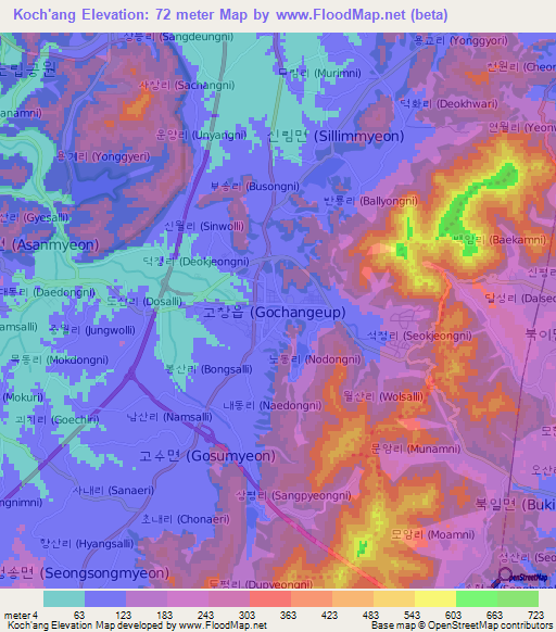 Koch'ang,South Korea Elevation Map