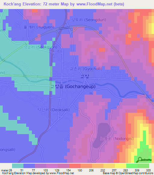 Koch'ang,South Korea Elevation Map