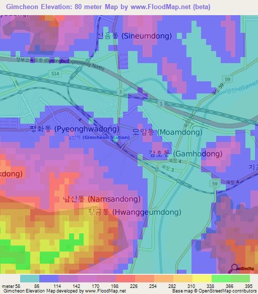 Gimcheon,South Korea Elevation Map