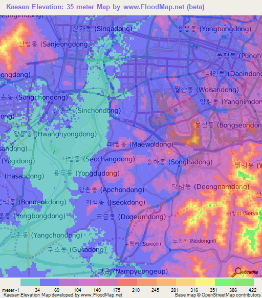 Kaesan,South Korea Elevation Map