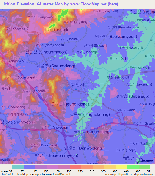 Ich'on,South Korea Elevation Map