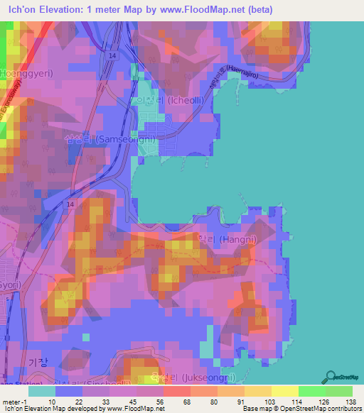 Ich'on,South Korea Elevation Map