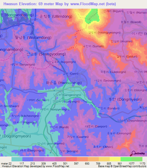 Hwasun,South Korea Elevation Map