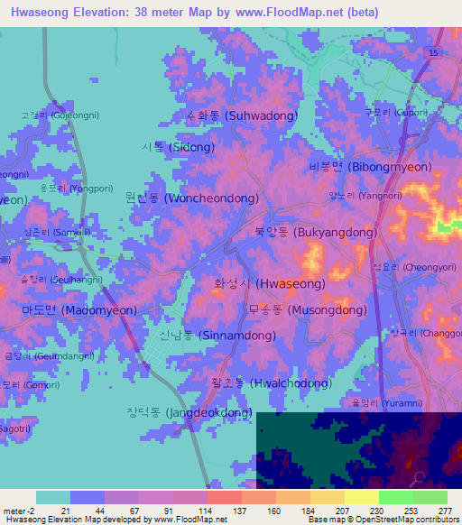 Hwaseong,South Korea Elevation Map