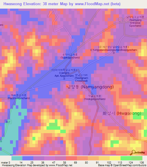 Hwaseong,South Korea Elevation Map