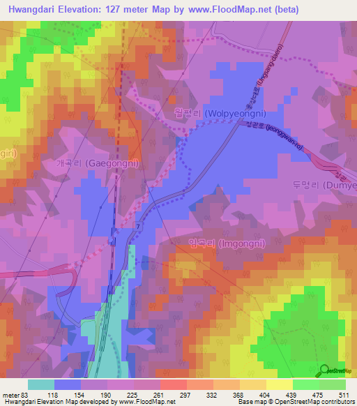 Hwangdari,South Korea Elevation Map