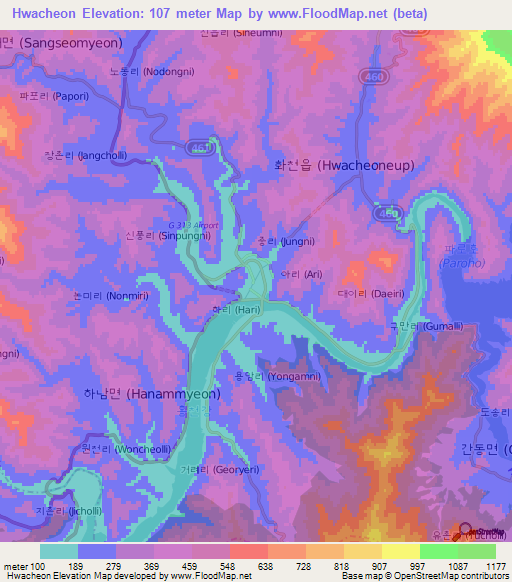 Hwacheon,South Korea Elevation Map