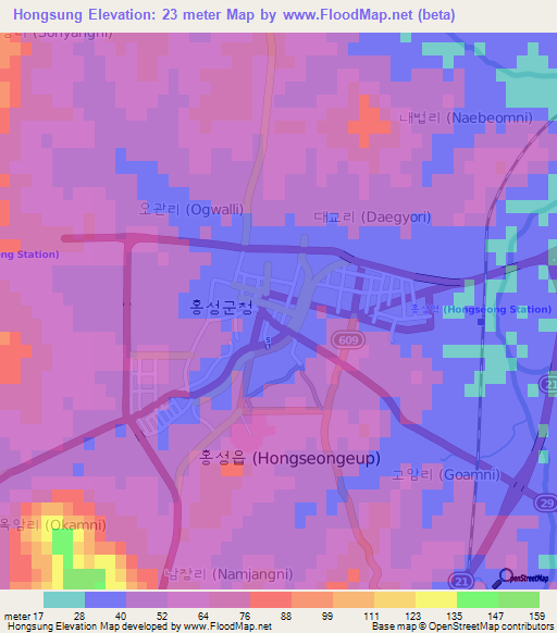 Hongsung,South Korea Elevation Map