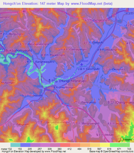 Hongch'on,South Korea Elevation Map