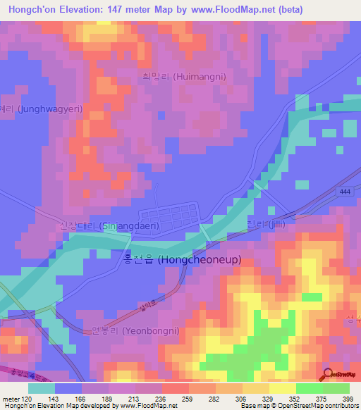 Hongch'on,South Korea Elevation Map