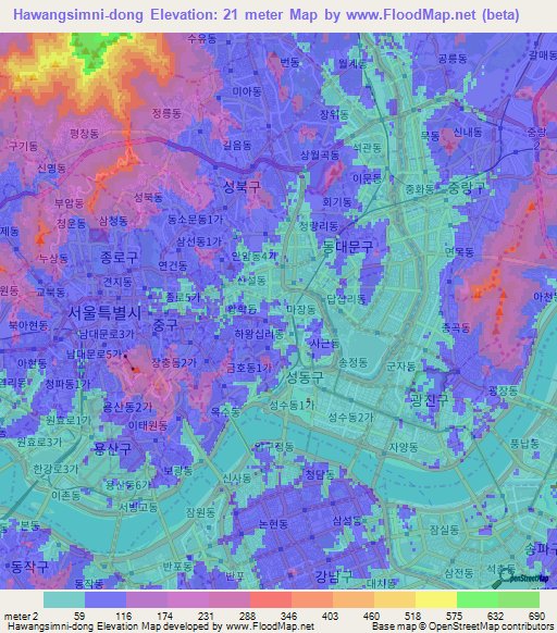 Hawangsimni-dong,South Korea Elevation Map