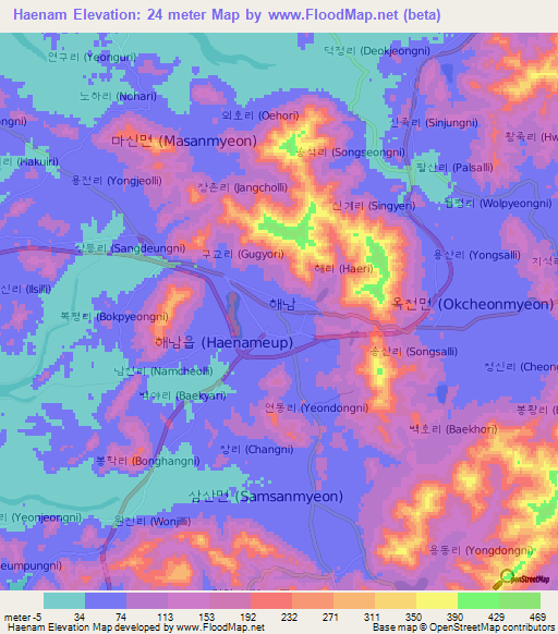 Haenam,South Korea Elevation Map