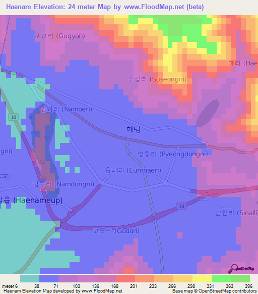 Haenam,South Korea Elevation Map