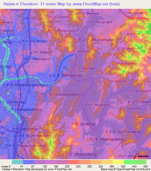 Hadae-ri,South Korea Elevation Map