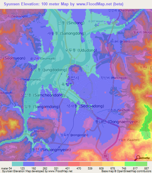 Syunsen,South Korea Elevation Map