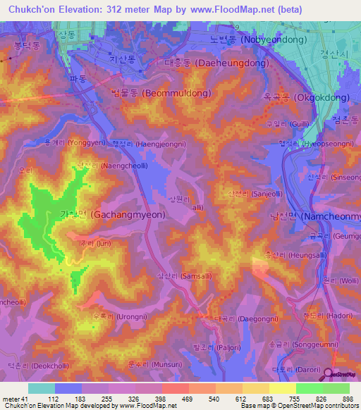 Chukch'on,South Korea Elevation Map