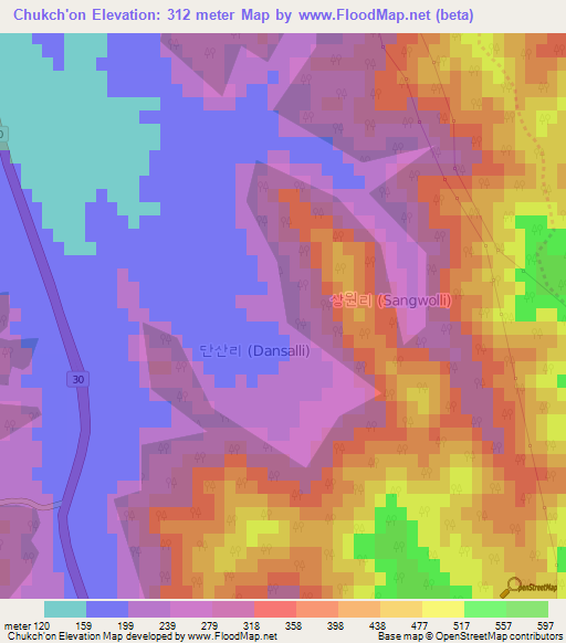 Chukch'on,South Korea Elevation Map