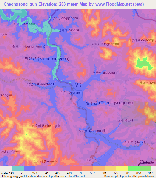 Cheongsong gun,South Korea Elevation Map