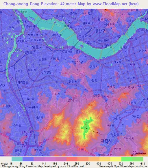 Chong-noong Dong,South Korea Elevation Map