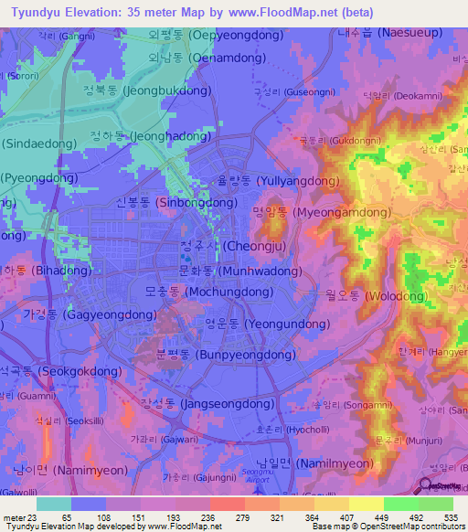 Tyundyu,South Korea Elevation Map