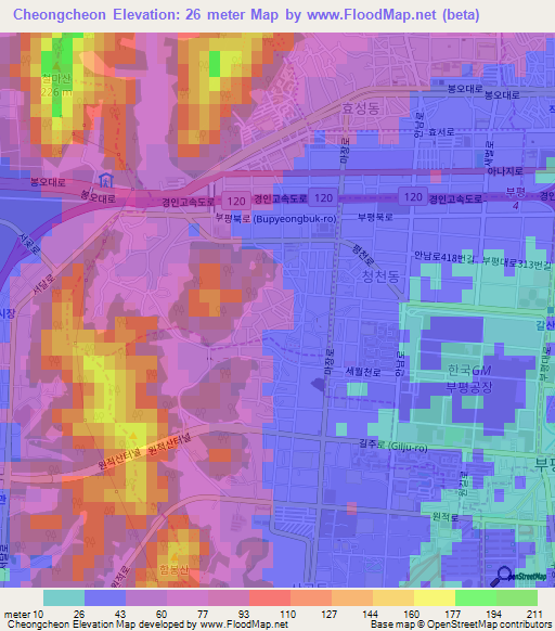 Cheongcheon,South Korea Elevation Map