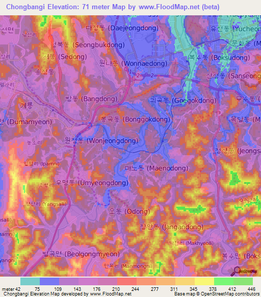 Chongbangi,South Korea Elevation Map