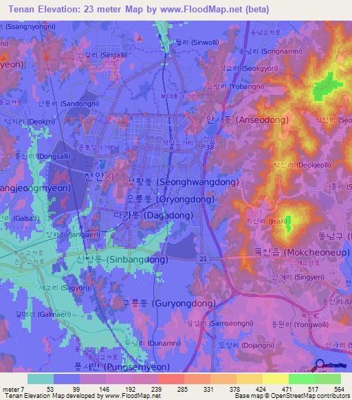 Tenan,South Korea Elevation Map