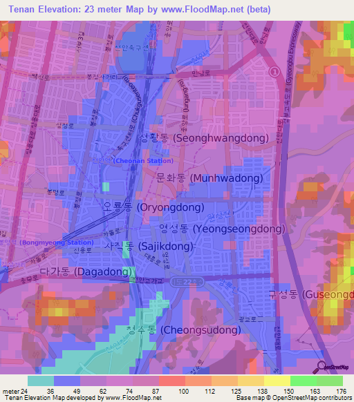 Tenan,South Korea Elevation Map