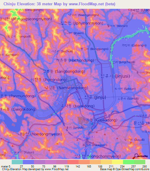 Chinju,South Korea Elevation Map