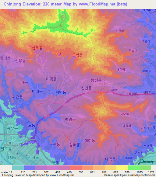 Chinjong,South Korea Elevation Map