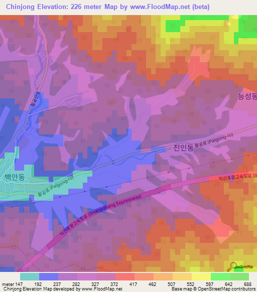 Chinjong,South Korea Elevation Map