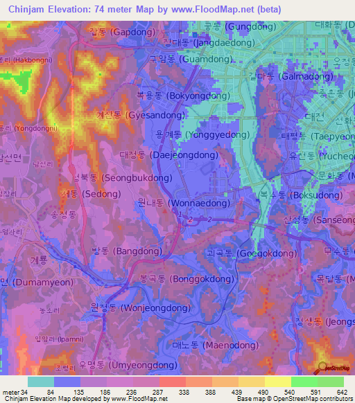 Chinjam,South Korea Elevation Map