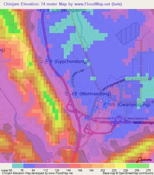 Chinjam,South Korea Elevation Map