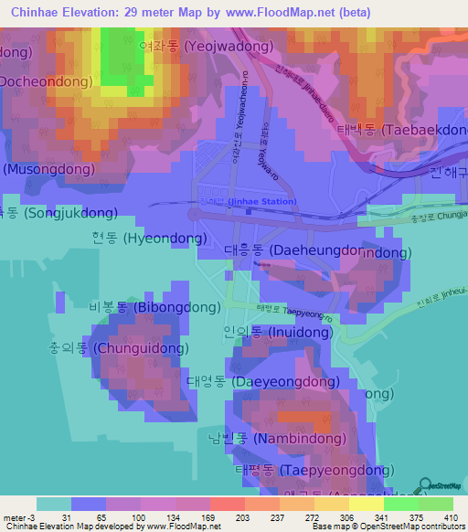 Chinhae,South Korea Elevation Map