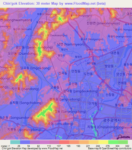 Chin'gok,South Korea Elevation Map