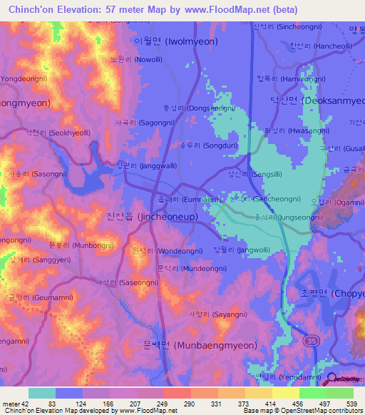 Chinch'on,South Korea Elevation Map