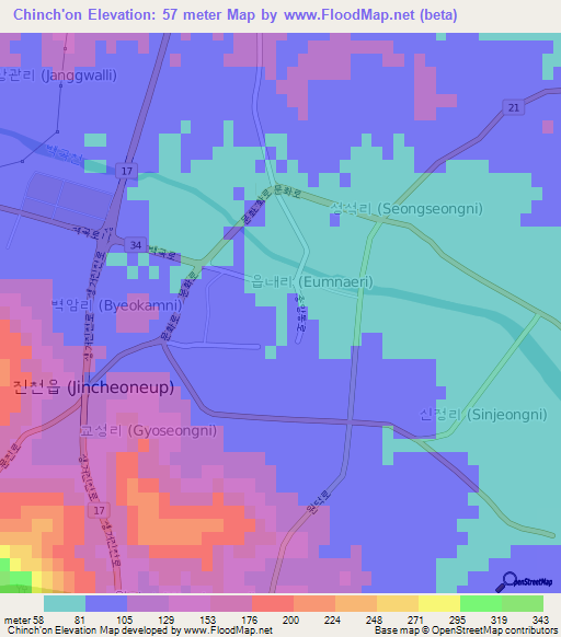 Chinch'on,South Korea Elevation Map