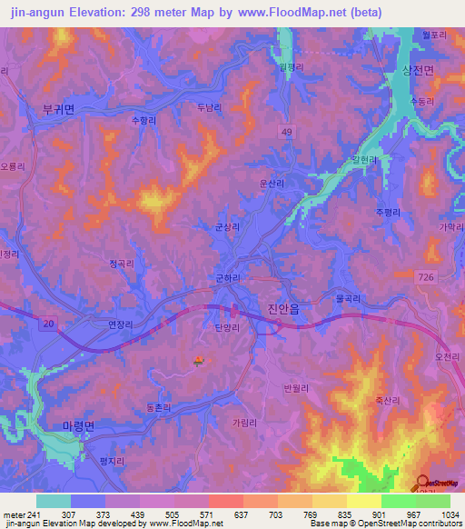 jin-angun,South Korea Elevation Map