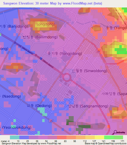 Sangwon,South Korea Elevation Map