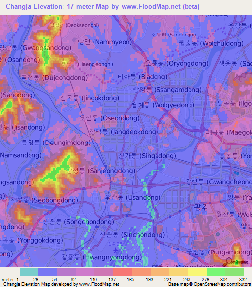 Changja,South Korea Elevation Map