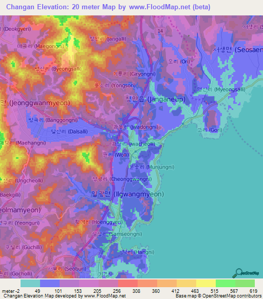 Changan,South Korea Elevation Map