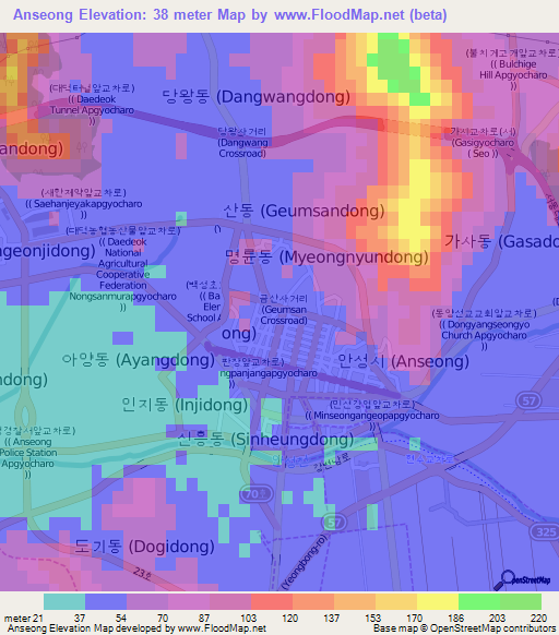 Anseong,South Korea Elevation Map