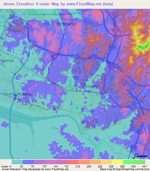 Ansan,South Korea Elevation Map